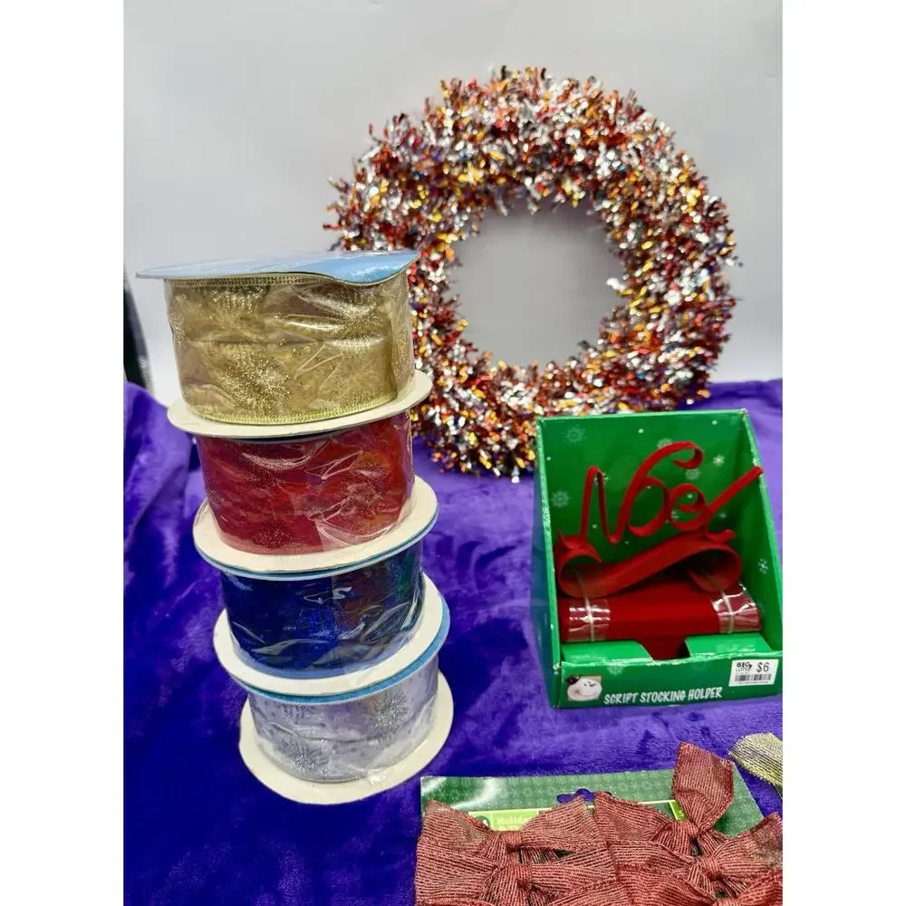 LED Ribbon Lights(Lot Of 7)Christmas Wreath Bows StockingHolder Christmas Bundle